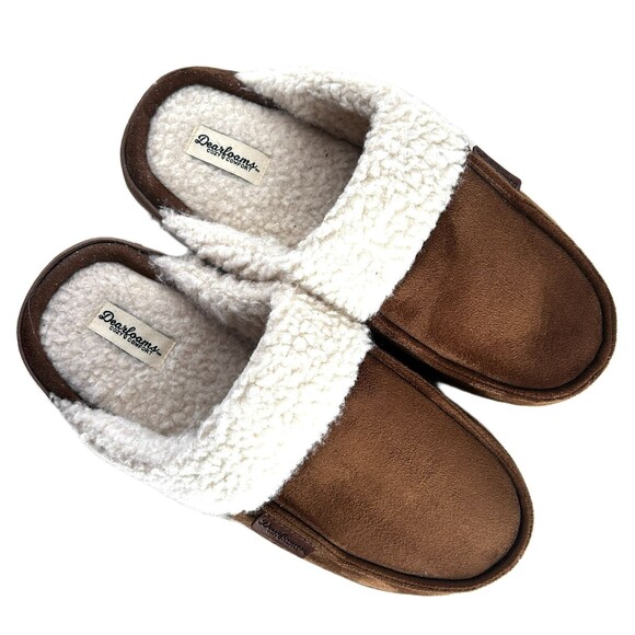 Dearfoams Slippers M Brown Faux Suede Sherpa Lining Shoes 9 9.5 10 - Picture 2 of 8